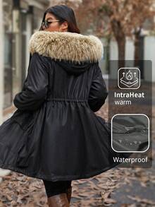 Calvaya Plus Size Drawstring Waist Fluffy Collar Hooded Parka Jacket, For Thanksgiving, Winter Clothes - Black - View 1