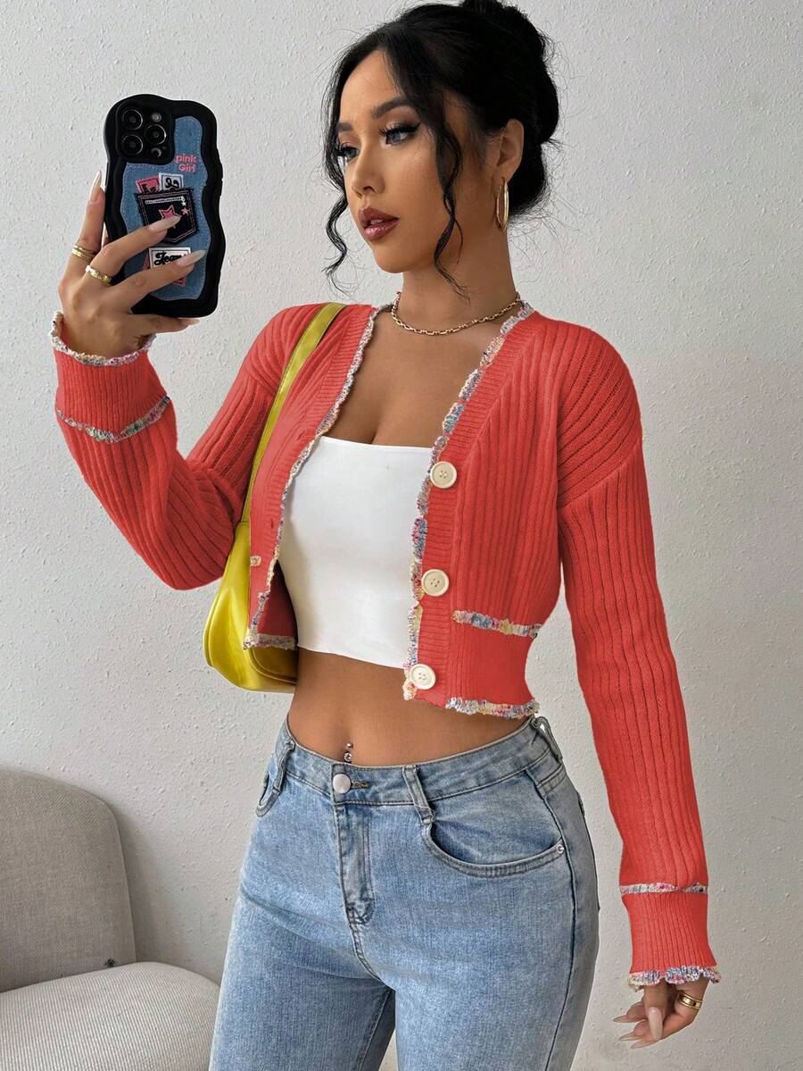 Chiquease Women's Casual Contrast Trim Cropped Cardigan, Autumn - Red - View 1