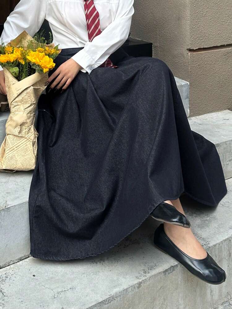 Dazy Plus Dark Wash Blue Pleated A-Line Long Denim Skirt, Casual For Spring & Autumn