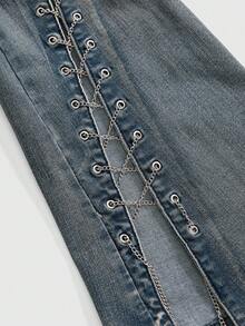ROMWE Grunge Punk Quần jeans ống loe Y2K Babe kèm thắt lưng lông - Rửa tối - Xem 3