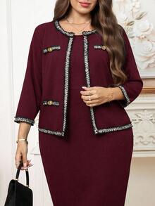 SHEIN Clasi 2件套女士加大码无袖连衣裙和外套套装，简约风格 - 酒紅色 - 查看 2