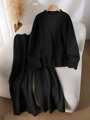 CosyJoli Set da 2 pezzi, maglione e gonna, tinta unita, maniche lunghe, taglie comode