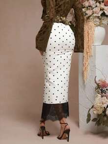 L'Amorae 纯色缎面蕾丝下摆细节低腰中长裙 - 黑與白 - 查看 3