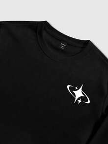 ROMWE MEN Street Life 男士黑色短款圆领卫衣，饰有小号Logo图案，秋冬季长袖上衣 - 黑色 - 查看 5