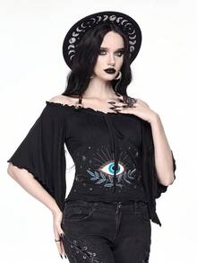 ROMWE Goth Camiseta de mujer con mangas de murciélago, bordado de ojo, decoración de cuentas de madera y hombros sueltos de estilo vintage - Negro - Ver 5