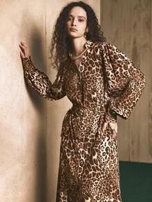 Revavyn 女式雪纺长袖V领豹纹休闲通勤连衣裙，春秋季 - 彩色 - 查看 3