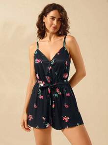 CAJUNI 裹身式连体裤，系带设计，鸡尾酒印花。 - 黑色 - 查看 2