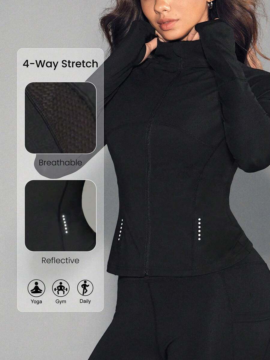 SHEIN Sports 女士拉链前开反光条纹长袖运动夹克 - 黑色 - 查看 1