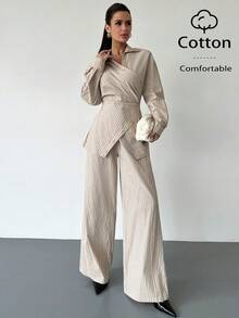 Firerie 女士时尚通勤条纹系腰裹身衬衫和宽松阔腿裤 - 杏色 - 查看 8