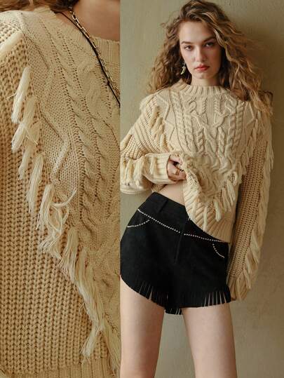 MOTF STUDIO Atasan sweater longgar bergaya boho bohemian yang hangat, dengan detail rumbai rajutan kabel bertekstur, untuk musim gugur/musim dingin.
