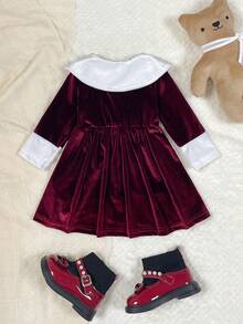 SHEIN Playful Pals 1件女婴天鹅绒领连衣裙，复古优雅时尚百搭黑白撞色天鹅绒长袖拼接A字连衣裙，适合万圣节、圣诞节、春季、秋季、冬季日常穿着。 - 紅色 - 查看 2