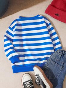Popeye X SHEIN Kleine Jungen Retro Cartoon Figur Grafik blau & weiß gestreifter Loose Fit Oversized Crew Neck Sweatshirt, Herbst/Winter