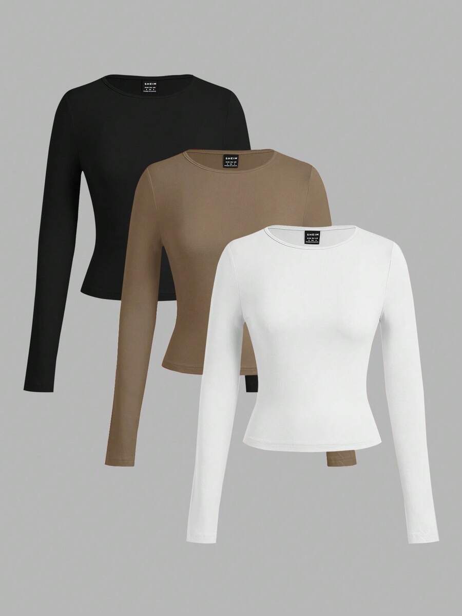 SHEIN EZwear 3件套女士休闲宽领修身长袖T恤套装 - 彩色 - 查看 1