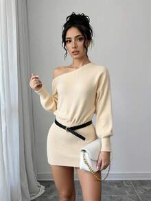 Sparklyn 少女秋冬新款露肩/不对称肩宽松针织毛衣上衣，百搭纯色毛衣裙 - 白色 - 查看 4