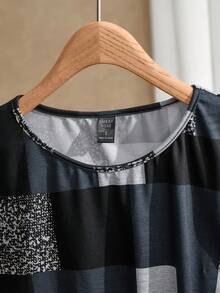 EMERY ROSE Women's Geometric Print Round Neck 3/4 Sleeve Casual Versatile T-Shirt, Suitable For Daily Wear