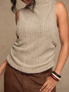 Freevana Camiseta sin mangas casual de cuello alto acanalada para mujer de talla grande - Caqui - Ver 3