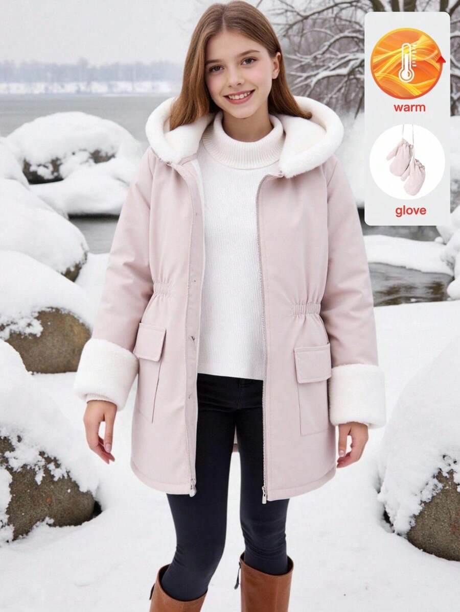 SHEIN Tween Girls' Casual All-Match Versatile Daily School Autumn/Winter Warm Khaki Faux Fur Lining Patchwork Black Padded Coat, With Gloves - Khaki - View 1