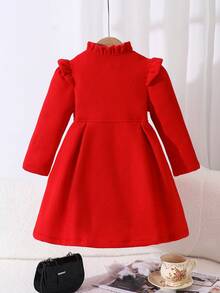 Elladie kids 女童甜美公主风杏色荷叶边领蝴蝶结装饰中长外套，韩版可爱儿童外套，适合日常上学、家庭休闲、节日聚会（如生日派对、新年拜访等），实用又时尚 - 紅色 - 查看 2