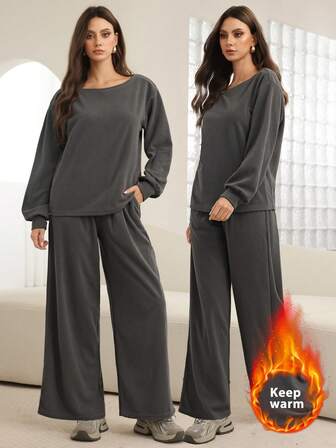 Mulvari 2pcs Set Women Solid Color Asymmetrical Shoulder Long Sleeve Top And Wide Leg Pants