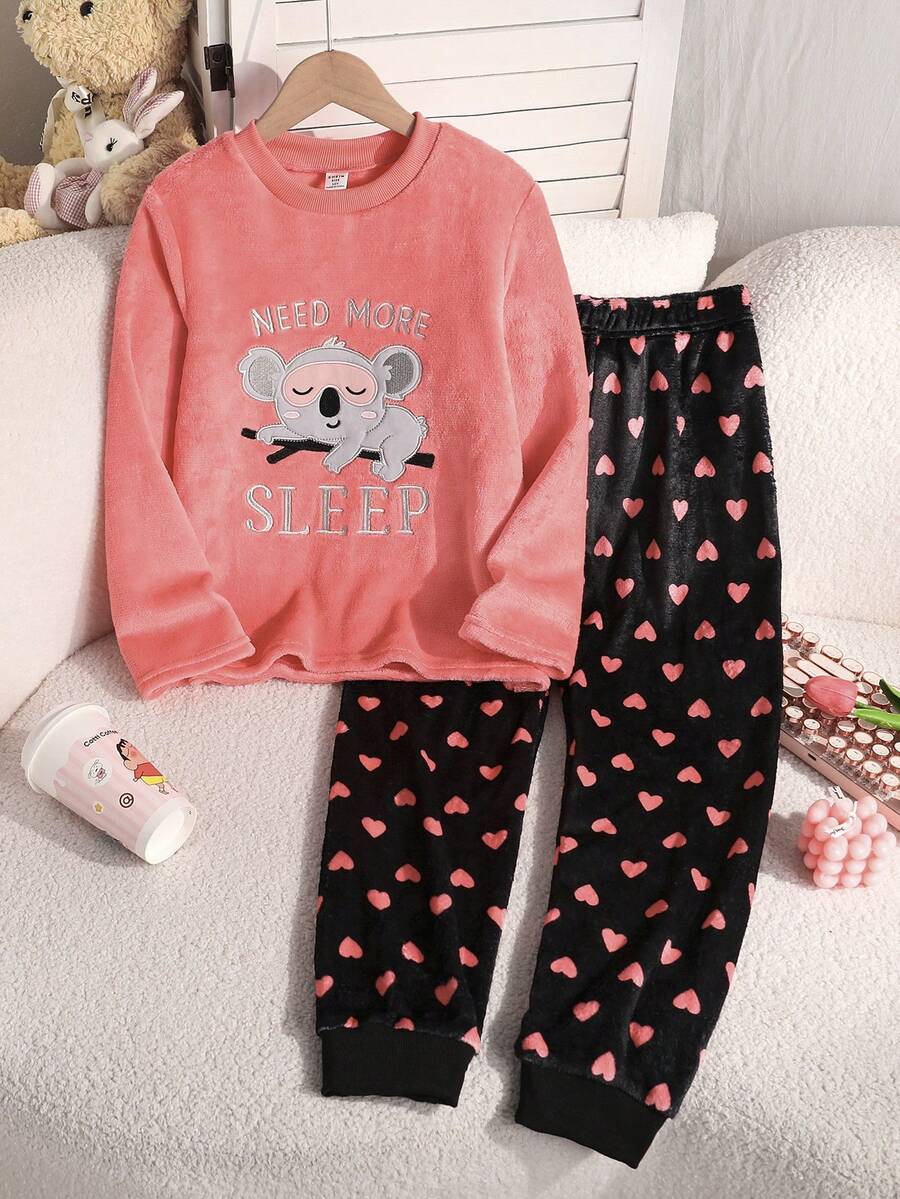 Genkimix Kids 女童可爱考拉印花舒适抓绒圆领长袖上衣和裤子两件套睡衣套装，秋冬款 - 紅色 - 查看 1