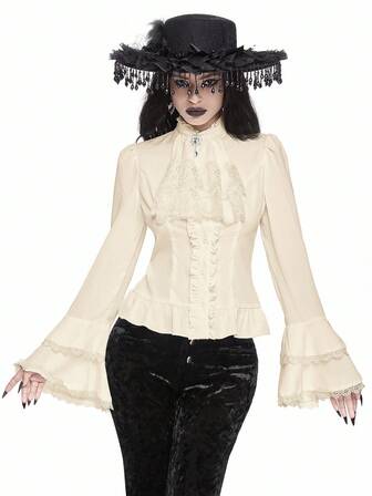 Vintage Palace Style Gothic Detachable Ruffle Tie Collar, Baroque Crystal Pendant, Bell Ruffle Sleeve Cinched Waist Women Blouse