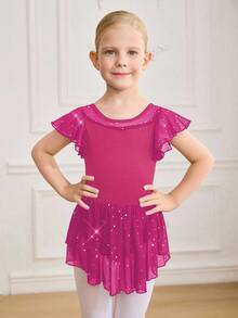 SHEIN 女童无袖芭蕾舞紧身衣，腰部饰有荷叶边蝴蝶结，适合校园比赛，儿童可爱亮片网纱芭蕾舞裙，舞蹈连体服