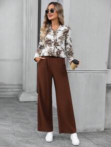 EMERY ROSE 女士印花长袖衬衫和裤子休闲两件套 - 棕色 - 查看 6