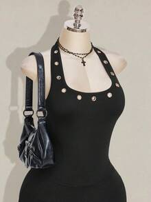 SHEIN ICON 加大码 Y2K 黑色吊带露背针织吊带衫，金属孔眼装饰 - 黑色 - 查看 5