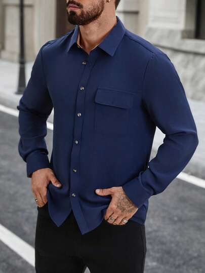 Manfinity CasualCool Men's Business Casual Patchwork Corduroy Double Layer Turtle Neck Cuff Splice Chest Strap Design Long Sleeve Shirt Business Casual Men Shirt Royal Blue Dress Shirt Men Church Shirt For Men Blue Designer Shirt Men Shirt For Wedding  Old Money,Daily Leisure, Weekend Trips, Outdoor Activities, Travel Expeditions, Relaxed Work Environments Or Semi-Formal Occasions,Boyfriend/Husband Gift, Anniversary Gift Christmas Outfits