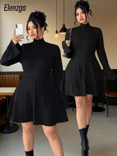 Elenzga Damen Große Größen Herbst/Winter Neu Hochkragen Elastisch Gestrickt Figurbetont Elegantes Einfarbiges Kleid
