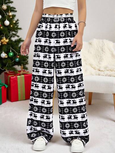 SHEIN Sparklyn Teen GirlPrinted Fleece Pants, Comfortable Loose Straight Leg Trousers With Christmas Graphic Print, Autumn/Winter