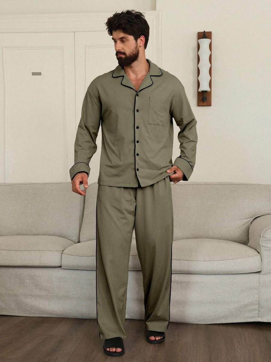 DAZY Military Green Shirt Paired With Men's Loungewear Set, Autumn - Green - View 1