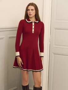 lacRébo 红色针织伞裙，搭配撞色黑色和米白色彼得潘领，长袖，时尚秋冬款