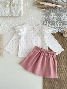 SHEIN 春秋季女婴甜美波点荷叶袖上衣+蝴蝶结装饰百褶裙套装，面料柔软亲肤，可爱公主风，适合日常外出和家庭聚会，蝴蝶结设计，适合6个月至3岁的婴幼儿，理想的秋季套装 - 粉色 - 查看 5