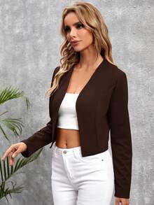 SHEIN Clasi Solid Open Front Long Sleeves Casual Crop Jacket - Brown - View 3