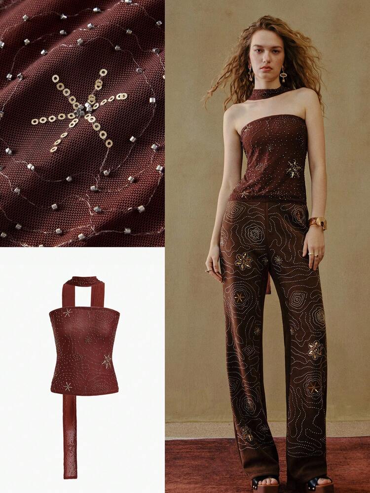 MOTF STUDIO ELEGANT BEADED FLORAL EMBROIDERED STRAPLESS TASSEL BOHEMIAN BOHO CHIC VERSATILE HEAVILY EMBELLISHED TOP