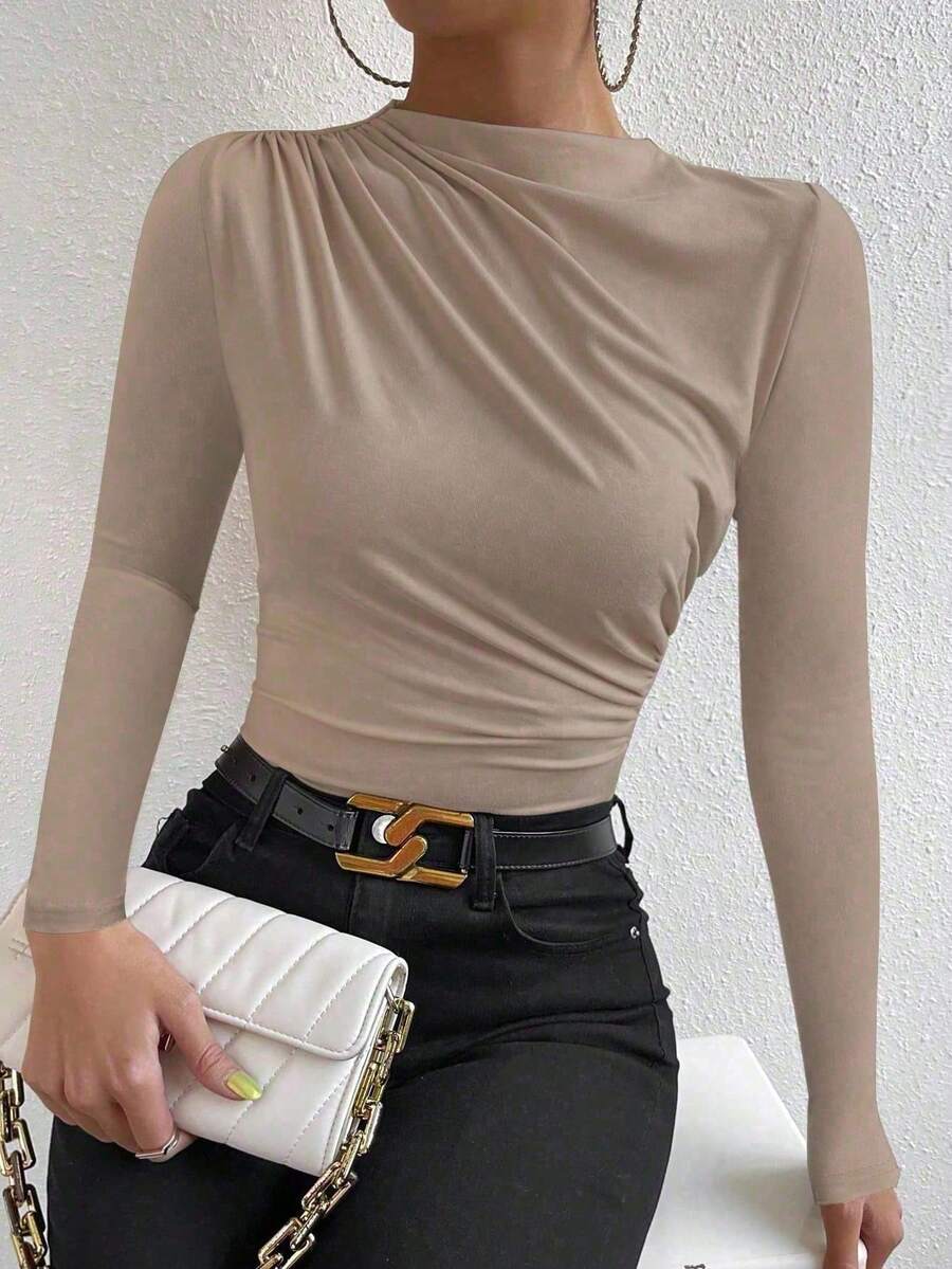 SHEIN PETITE 黑色褶皱长袖衬衫，夏季时尚女性