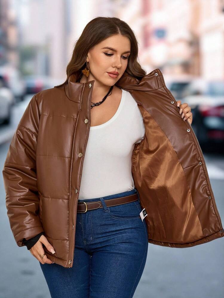 Plus Size Women Winter Country Casual   Warm Brown Stand Collar PU Padded Coat,Winter,Going Out Outfits,2025 New Clothes,Simple And Fashionable For Everyday Wear