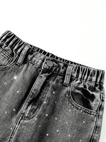 SHEIN ChillGRL 少女水钻装饰牛仔裤，Y2K休闲时尚百搭四季水洗直筒牛仔裤，黑灰色宽松星形牛仔裤