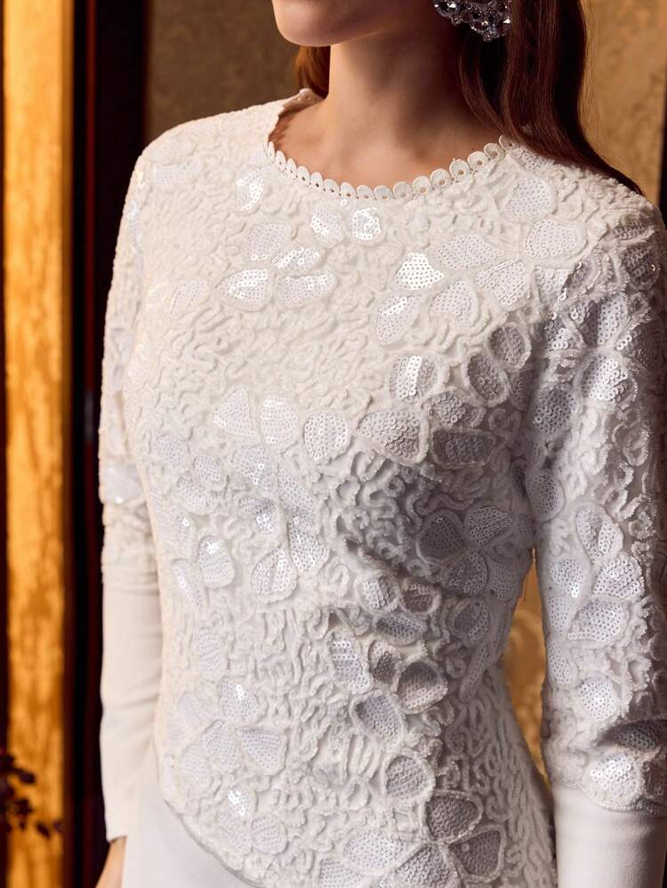 MOTF Soiréza 패치워크 레이스가 있는 우아한 긴소매 라운드넥 플로어 길이 인어 이브닝 가운 - 결혼식, 파티 및 가을/겨울 행사를 위한 피티드 실루엣