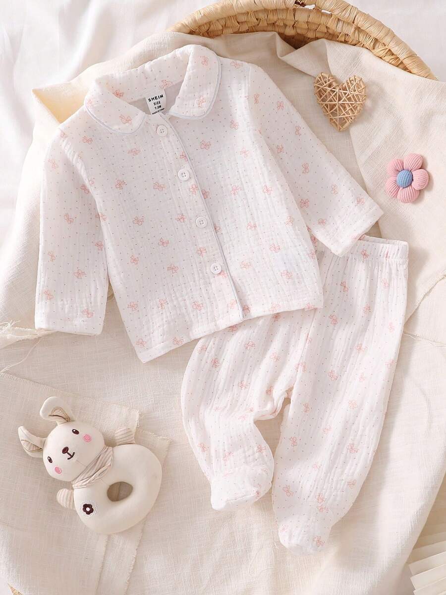 2件套新生儿柔软纯棉蝴蝶图案长袖开衫上衣和连脚裤睡衣套装 - 淺粉色 - 查看 1