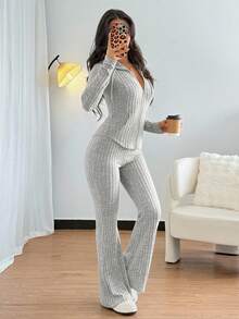 Rafferiza 2 件套女式休闲连帽运动衫，带口袋和罗纹喇叭裤套装，适合日常穿着，秋冬 - 灰色 - 查看 6