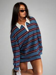MISSGUIDED 棉质复古橄榄球 Polo 衫 超大长袖条纹领休闲冬秋季学院风 Y2K 街头服饰 - 彩色 - 查看 5