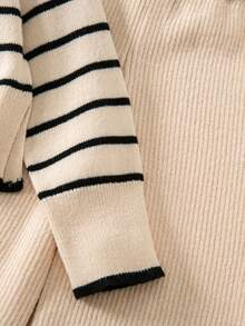 Teen GirlThick Striped Colorblock Knit Sweater & Leggings Set, Casual & Fashionable For Autumn/Winter - Khaki - View 3