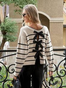 Serisse 女士撞色条纹蝴蝶结装饰后背毛衣 - 杏色 - 查看 5