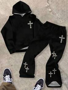 SHEIN 青少年男孩秋季新品，舒适休闲简约 Y2K 色块运动街头嘻哈风格字母印花连帽衫和喇叭裤套装 - 彩色 - 查看 2