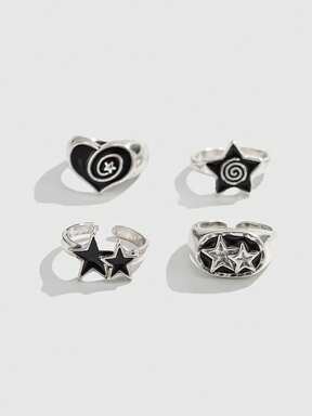 Goth 4pcs/Set Punk Style Spiral Star Rings, Adjustable Ring Set For Couples