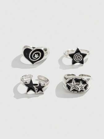 Goth Set di 4 anelli a spirale a forma di stella, stile punk, set di anelli regolabili per coppie