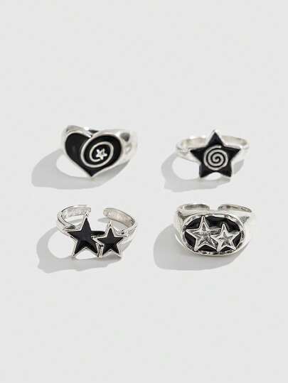 Goth 4pcs/Set Punk Style Spiral Star Rings, Adjustable Ring Set For Couples
