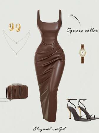 SHEIN MOD Plus Size PU Leather Women's Brown Dress,Cocktail Dresses For Women,Birthday Dresses For Women,Winter Dress,Fall Dress,Elegant Dresses For Party,Formal Dress,Evening Dress Chic Wedding, Going Out Outfit,Winter Dress Women,New Year Dress ,Party Dresses,Brown Dress,Christmas,Clothes For New Year Faux Leather Dress Brown Dress Women Coffee Brown Dress Brown Sexy Dress Brown Satin Dress,